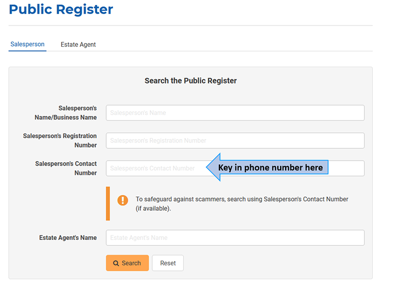 Key in Phone Number in Public Register